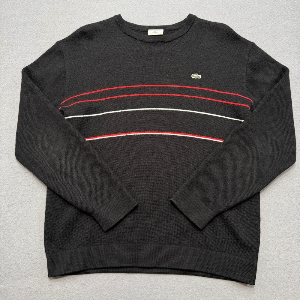 Lacoste Sport Sweater Mens 5 Black Crewneck Knit Wool Blend Striped Vintage
